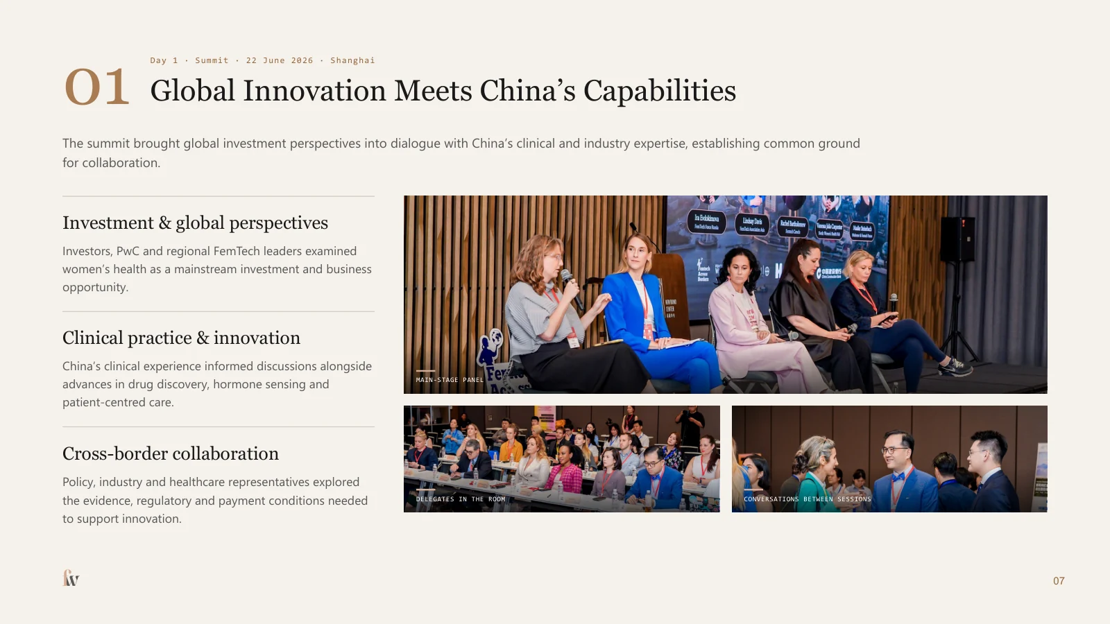 The report’s Day 1 page: the main-stage panel, delegates in the room and conversations between sessions